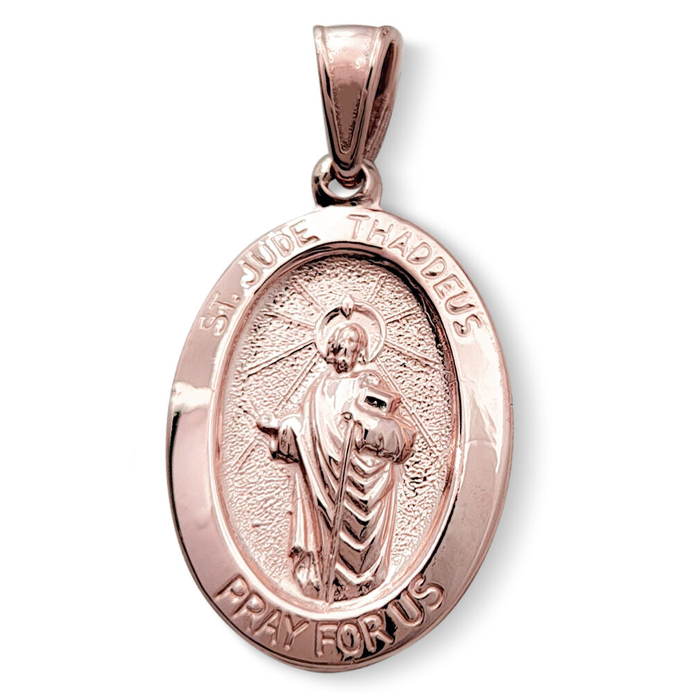 Solid 18K Rose Gold St. Jude Thaddeus Pendant, 3/4" or 7/8", Oval Patron Saint Medal