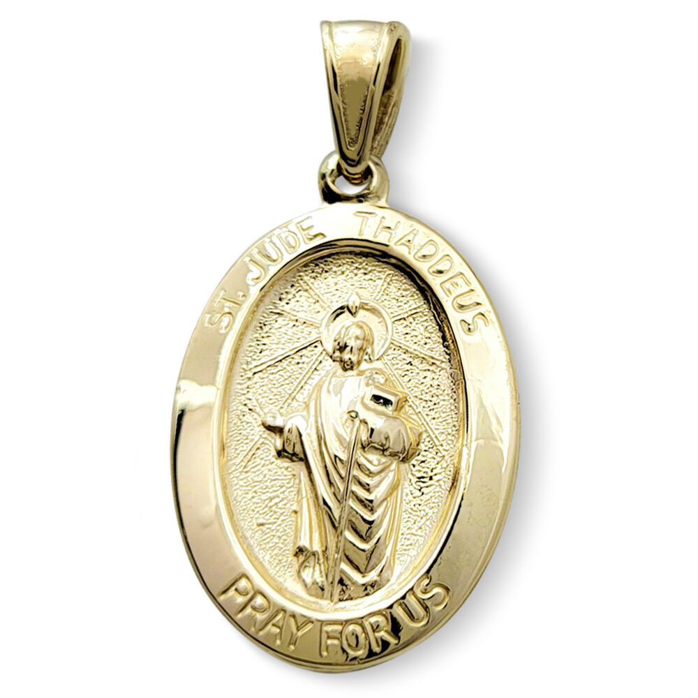 Solid 10K Yellow Gold St. Jude Thaddeus Pendant, 3/4" or 7/8", Oval Patron Saint Medal