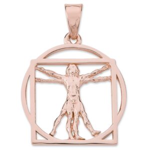 Solid 10K Rose Gold Da Vinci Vitruvian Man Pendant, 3/4", Renaissance Art