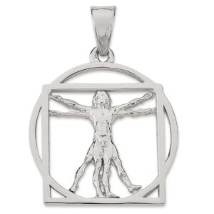 Solid 18K White Gold Da Vinci Vitruvian Man Pendant, 3/4", Renaissance Art
