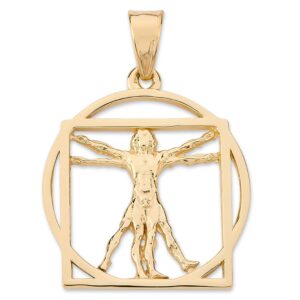 Solid 10K Yellow Gold Da Vinci Vitruvian Man Pendant, 3/4", Renaissance Art