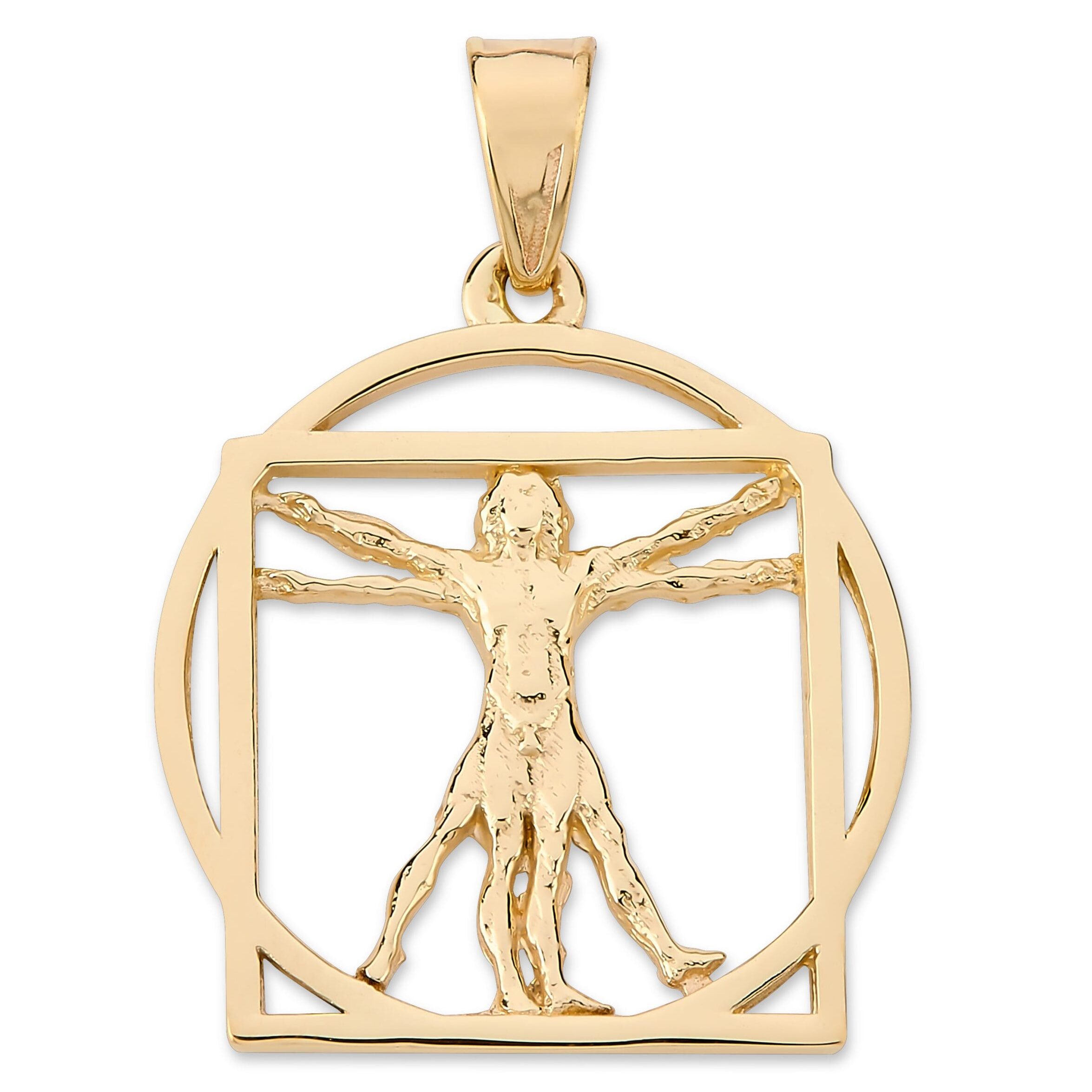 Solid 10K Yellow Gold Da Vinci Vitruvian Man Pendant, 3/4", Renaissance Art