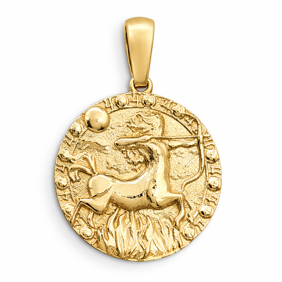 Real 18K Yellow Gold Sagittarius Pendant, Zodiac Sign Coin Pendant Astrology Jewelry