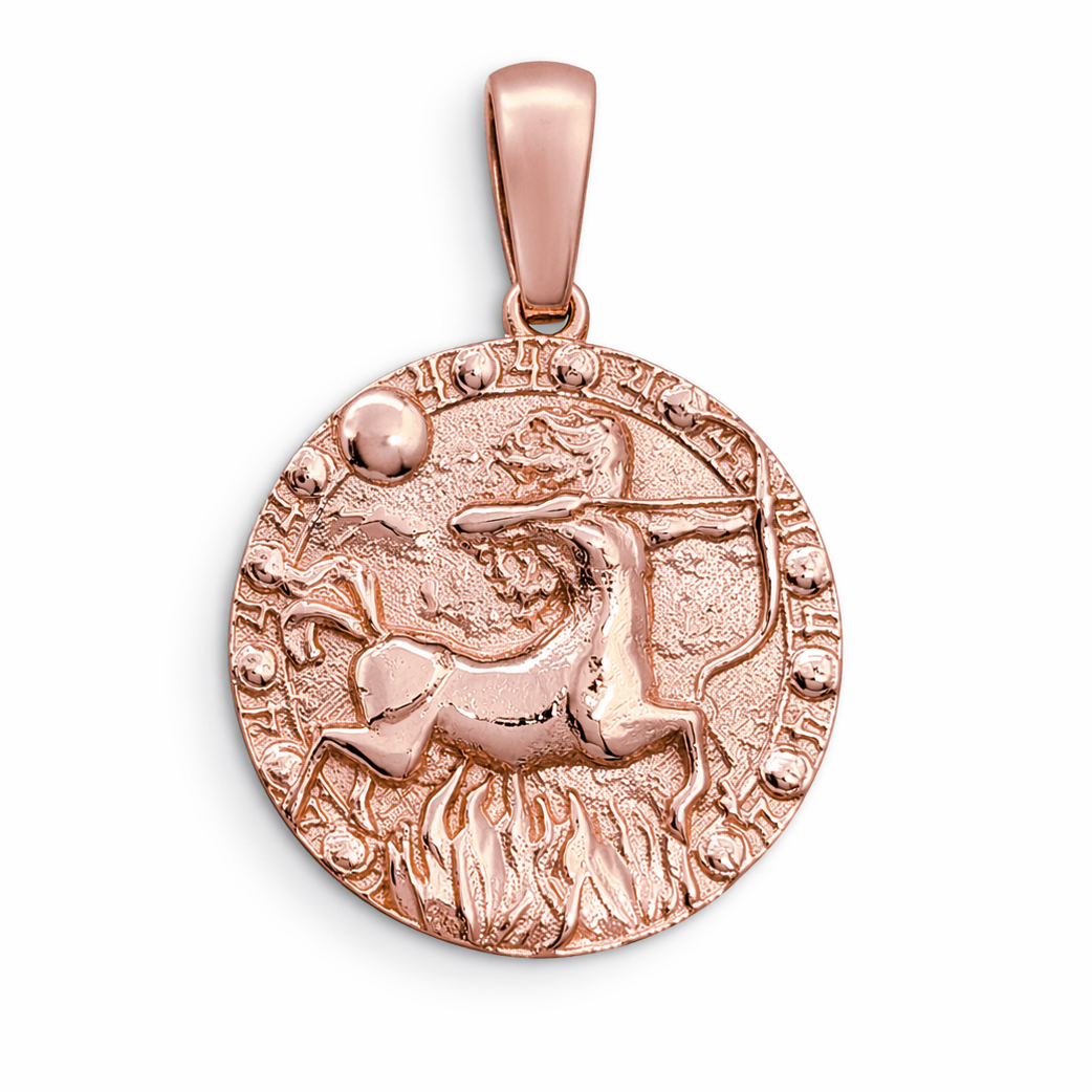 Real 10K Rose Gold Sagittarius Pendant, Zodiac Sign Coin Pendant Astrology Jewelry