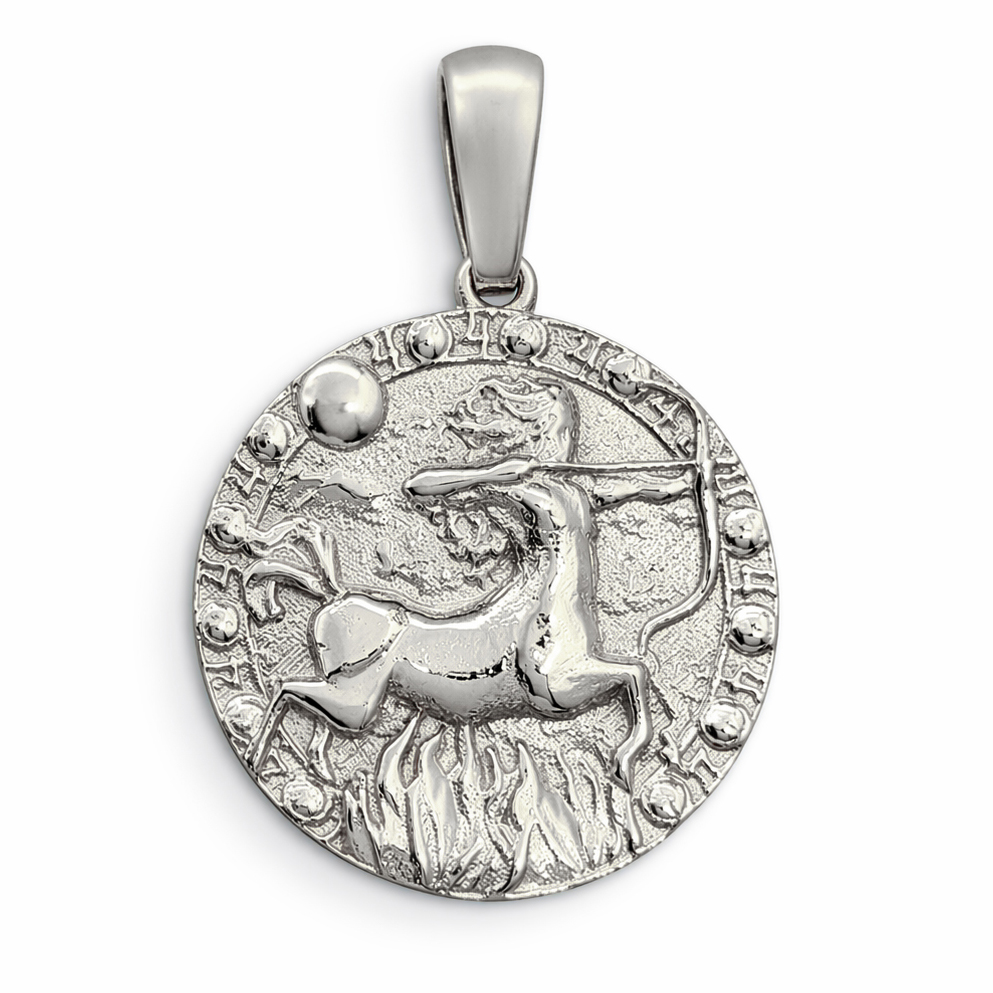 Real 18K White Gold Sagittarius Pendant, Zodiac Sign Coin Pendant Astrology Jewelry