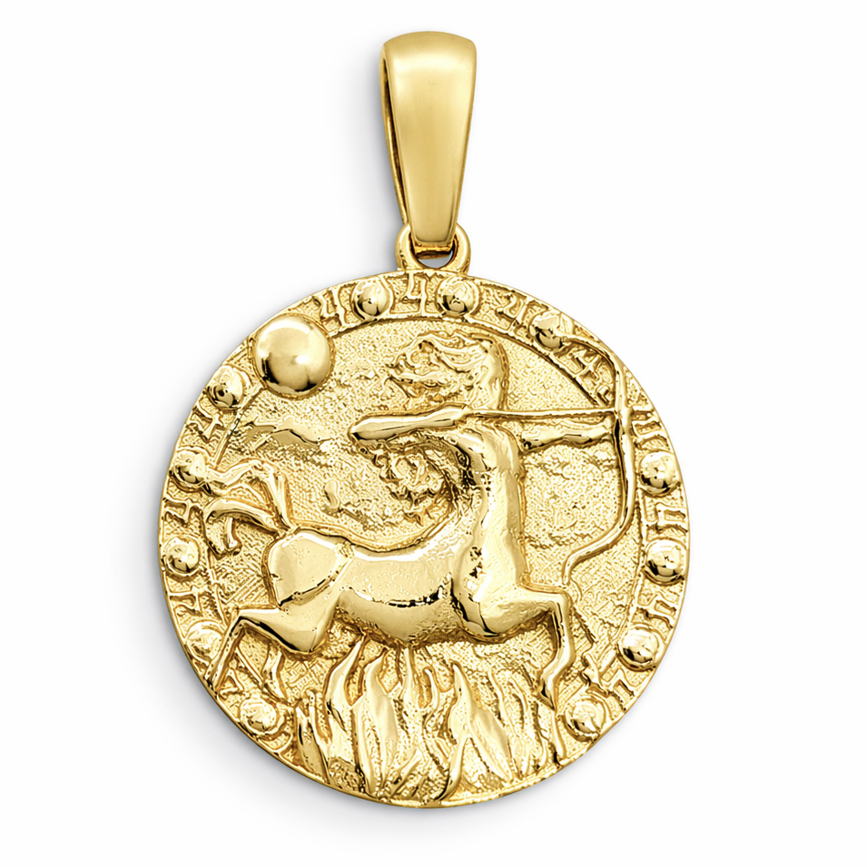 Real 10K Yellow Gold Sagittarius Pendant, Zodiac Sign Coin Pendant Astrology Jewelry