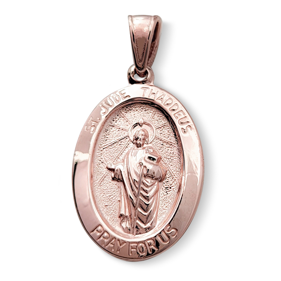 Solid 10K Rose Gold St. Jude Thaddeus Pendant, 3/4" or 7/8", Oval Patron Saint Medal