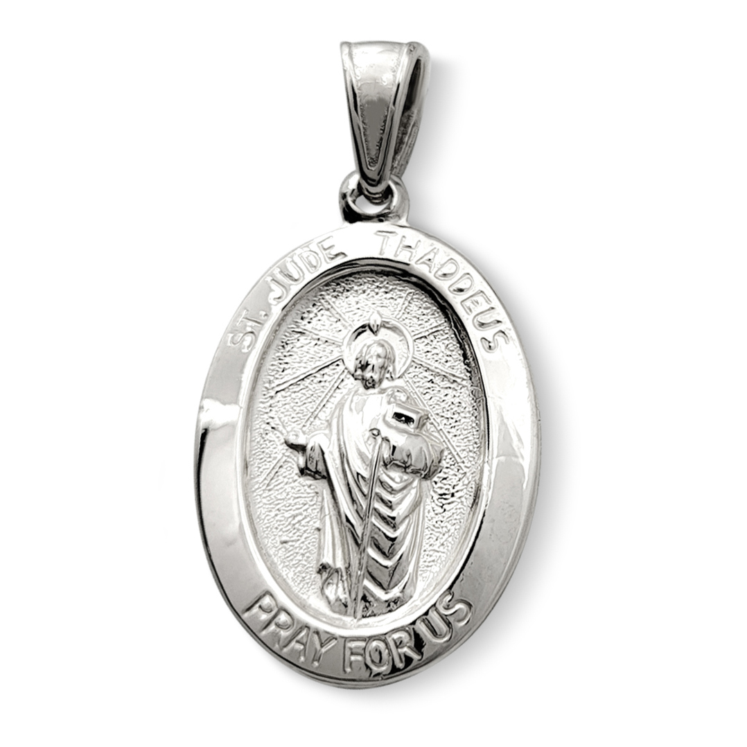 Solid 10K White Gold St. Jude Thaddeus Pendant, 3/4" or 7/8", Oval Patron Saint Medal