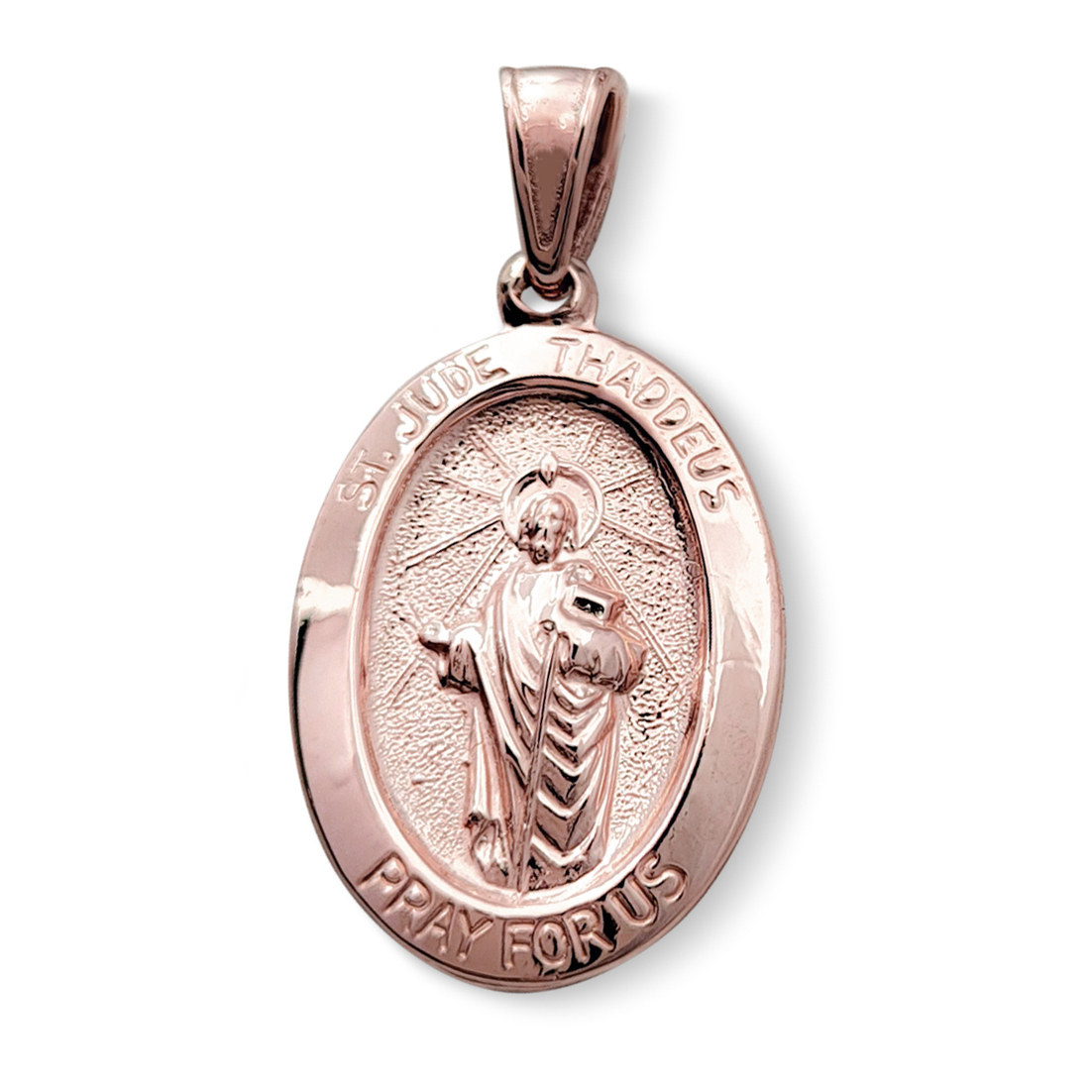 Solid 14K Rose Gold St. Jude Thaddeus Pendant, 3/4" or 7/8", Oval Patron Saint Medal
