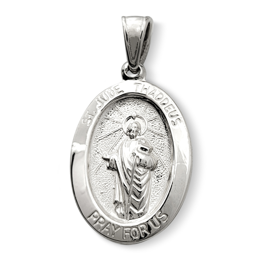 Solid 14K White Gold St. Jude Thaddeus Pendant, 3/4" or 7/8", Oval Patron Saint Medal