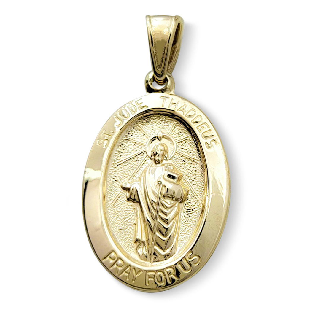 Solid 14K Yellow Gold St. Jude Thaddeus Pendant, 3/4" or 7/8", Oval Patron Saint Medal