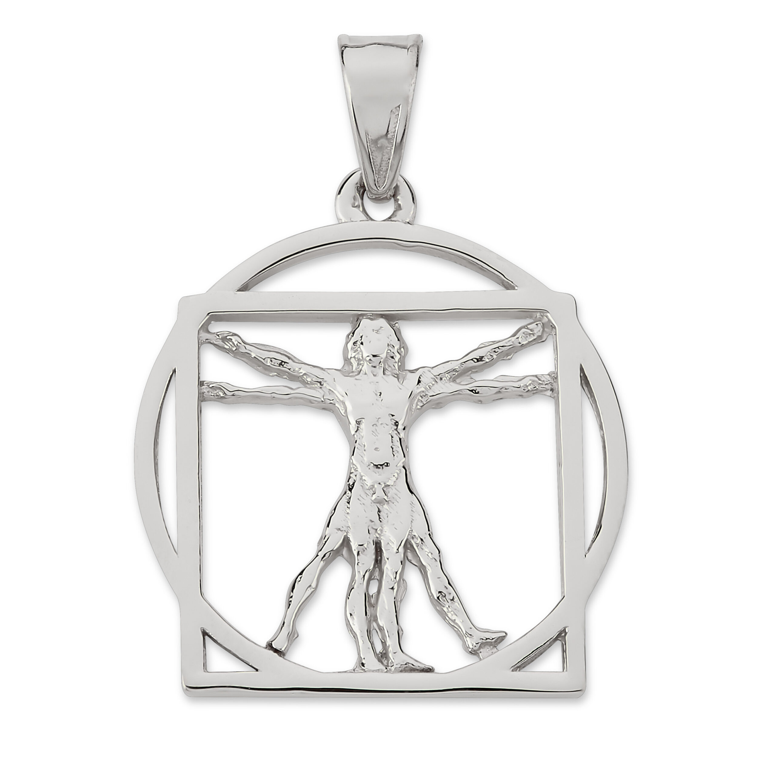 Solid 18K White Gold Da Vinci Vitruvian Man Pendant, 3/4", Renaissance Art