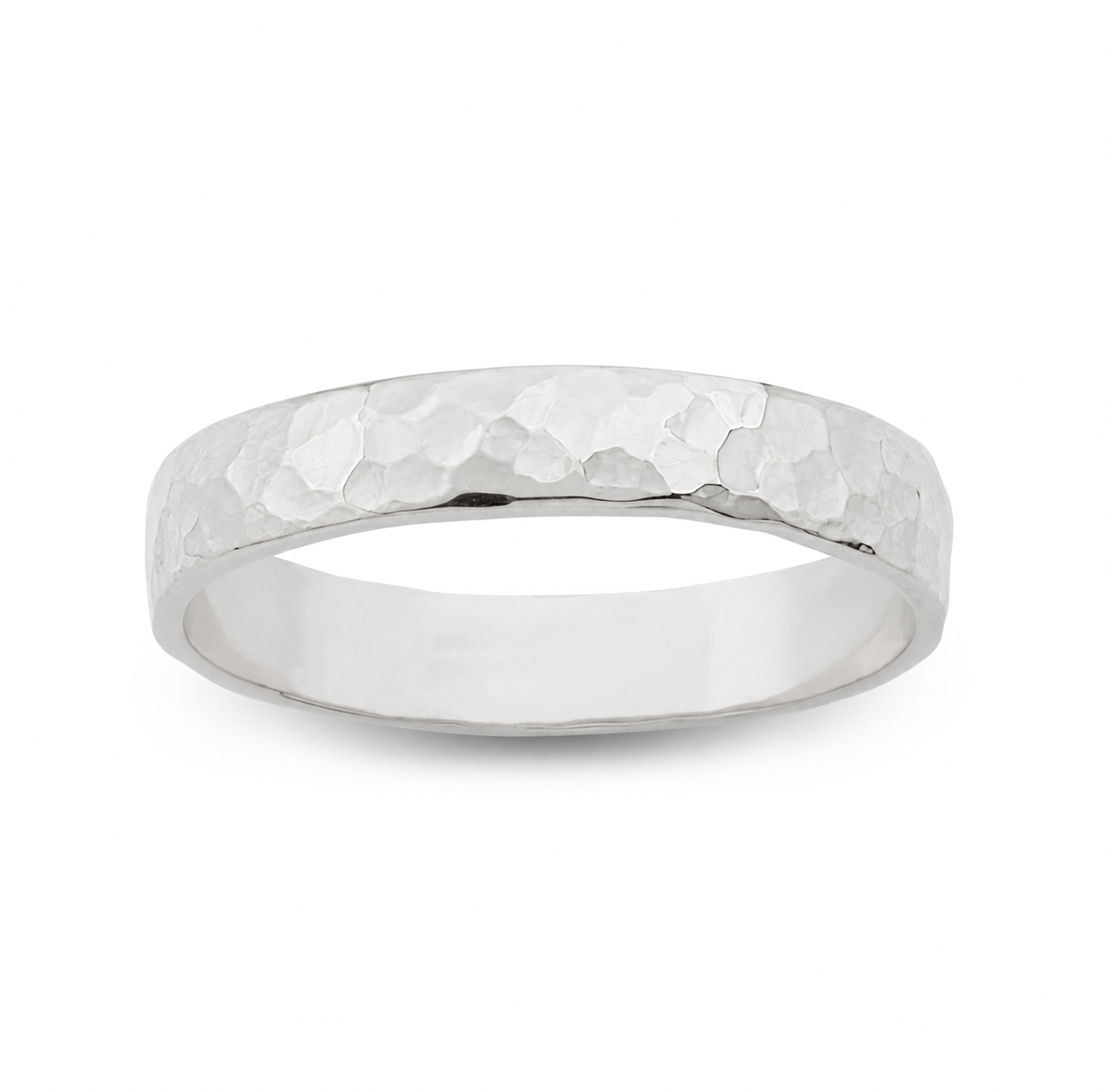 Solid 18K White Gold Hammered Ring 4mm Size 3 - 15 Faceted Stack Band