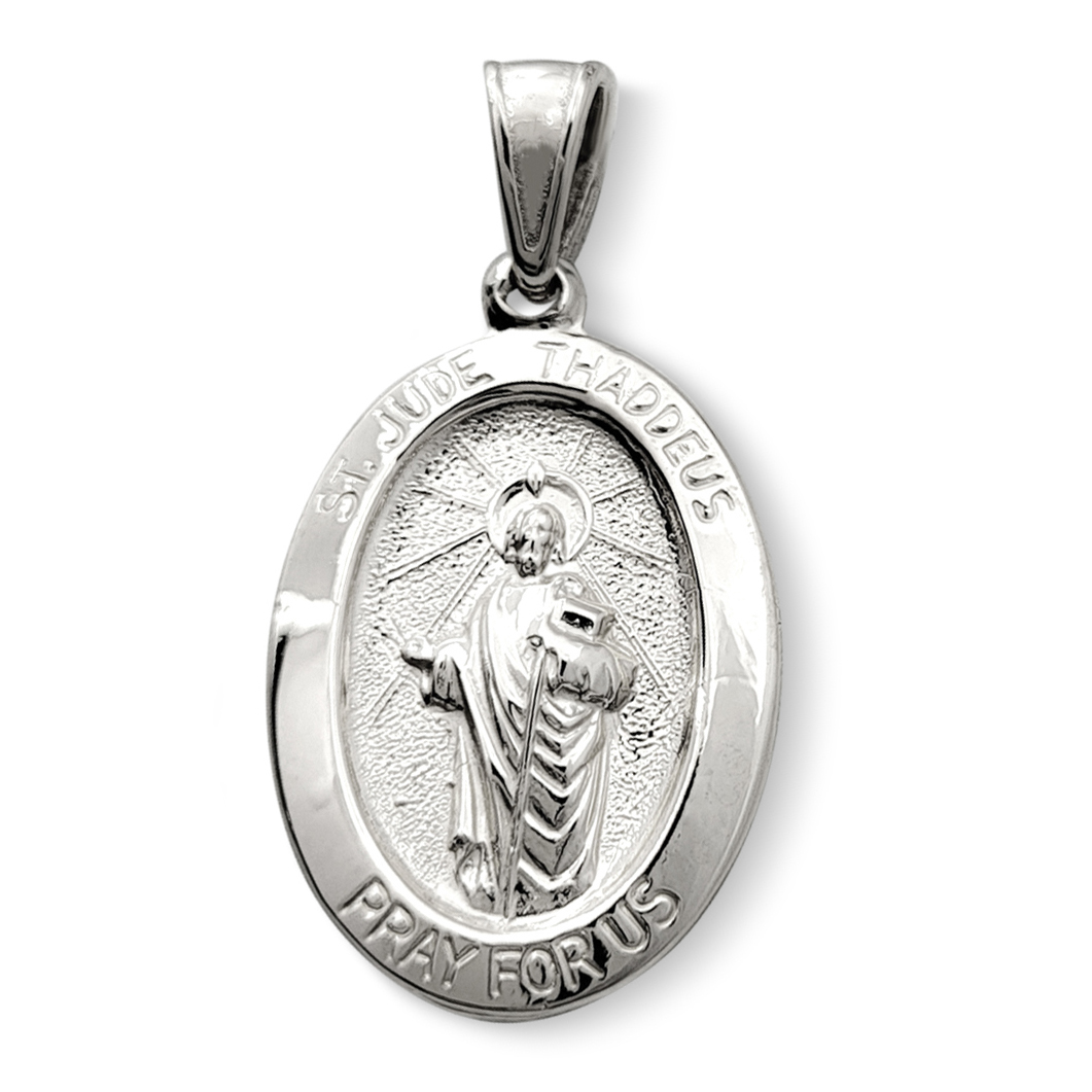 Solid 18K White Gold St. Jude Thaddeus Pendant, 3/4" or 7/8", Oval Patron Saint Medal