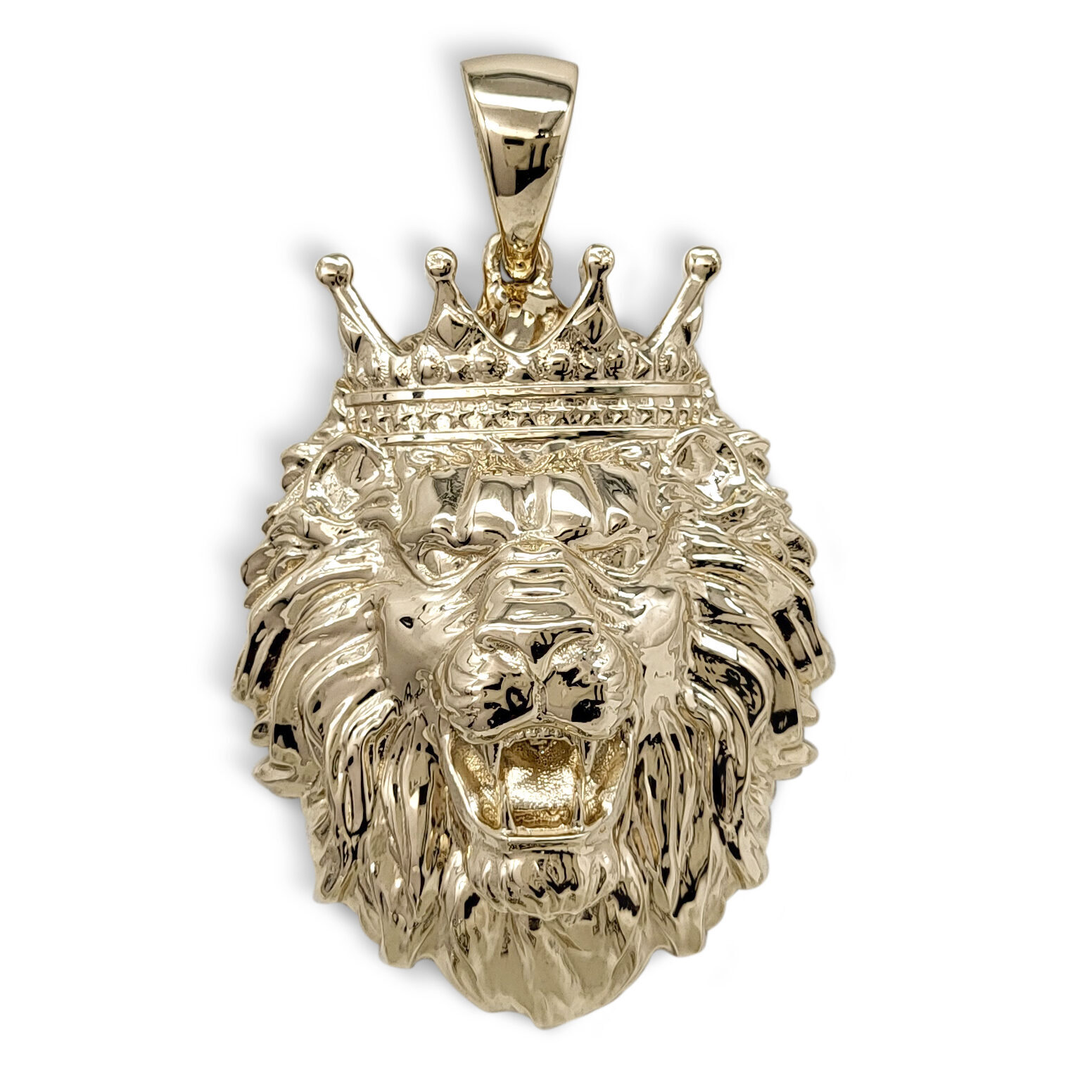 Real 14K Yellow Gold XXL Lion Pendant with Crown Charm, 19.7 grams, 2.1 inch