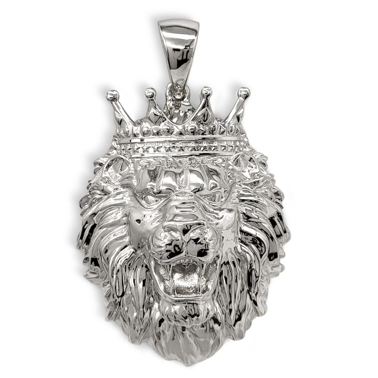 Real 18K White Gold XXL Lion Pendant with Crown Charm, 20.7 grams, 2.1 inch