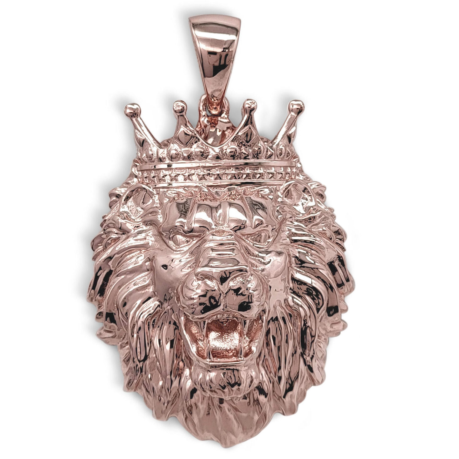 Real 18K Rose Gold XXL Lion Pendant with Crown Charm, 21.0 grams, 2.1 inch