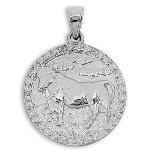 Real 10K White Gold Taurus Pendant, Zodiac Sign Coin Pendant Astrology Jewelry