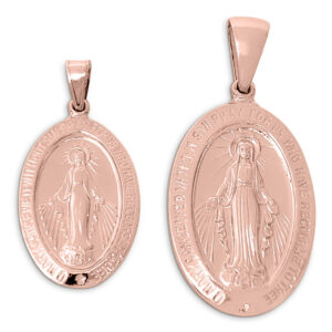 Solid 18K Rose Gold Miraculous Medal Virgin Mary Pendant, 0.9" or 1.1", Catholic