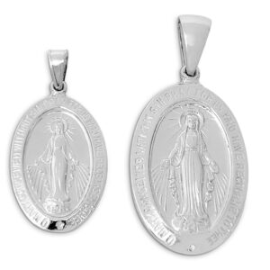 Solid 10K White Gold Miraculous Medal Virgin Mary Pendant, 0.9" or 1.1", Catholic