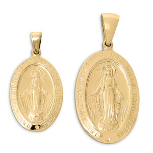 Solid 18K Yellow Gold Miraculous Medal Virgin Mary Pendant, 0.9" or 1.1", Catholic
