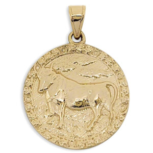 Real 14K Yellow Gold Taurus Pendant, Zodiac Sign Coin Pendant Astrology Jewelry