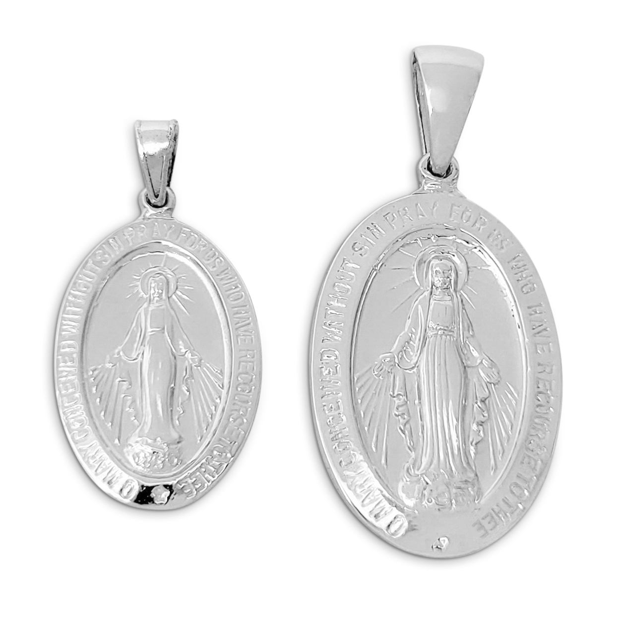 Solid 14K White Gold Miraculous Medal Virgin Mary Pendant, 0.9" or 1.1", Catholic