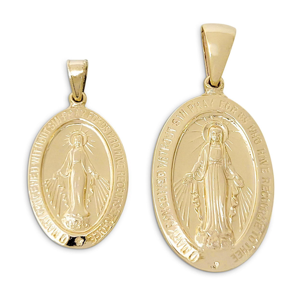 Solid 14K Yellow Gold Miraculous Medal Virgin Mary Pendant, 0.9" or 1.1", Catholic