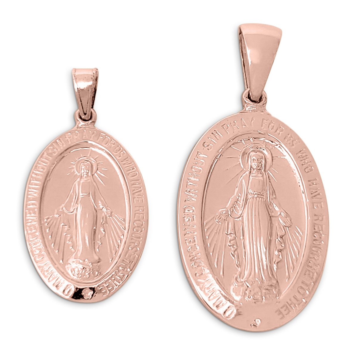Solid 18K Rose Gold Miraculous Medal Virgin Mary Pendant, 0.9" or 1.1", Catholic