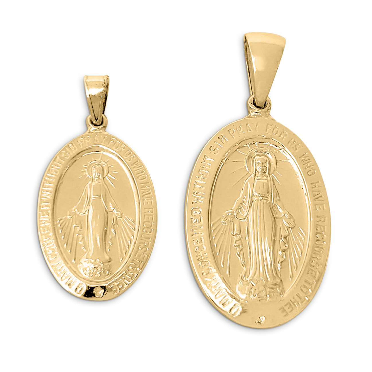 Solid 18K Yellow Gold Miraculous Medal Virgin Mary Pendant, 0.9" or 1.1", Catholic