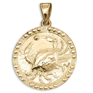 Real 18K Yellow Gold Cancer Pendant, Zodiac Sign Coin Pendant Astrology Jewelry