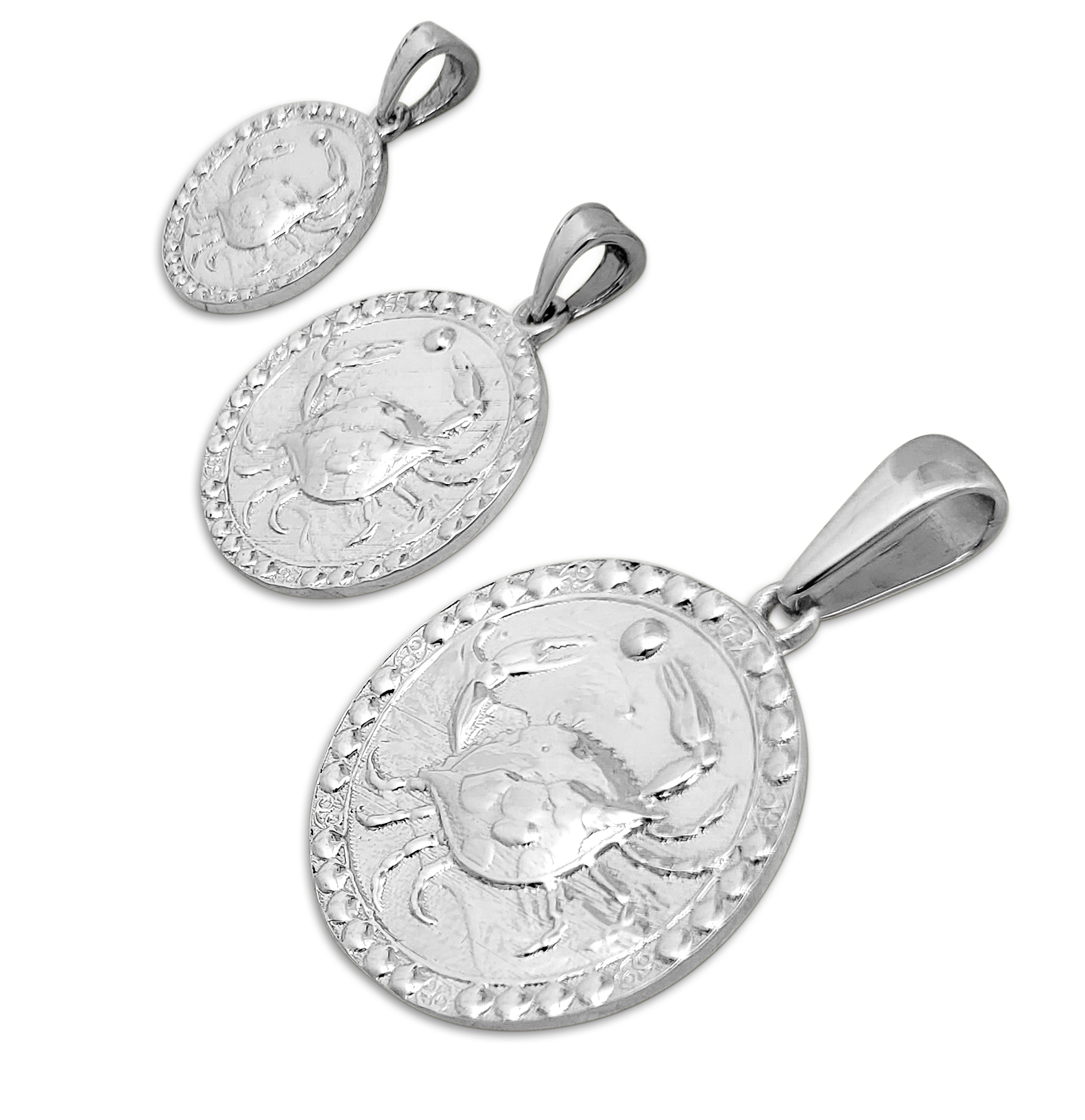 Real 10K White Gold Cancer Pendant, Zodiac Sign Coin Pendant