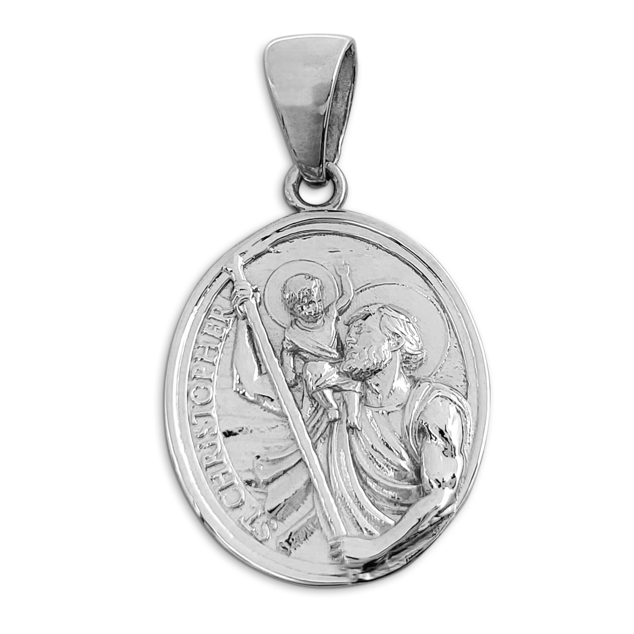 Real 18K White Gold Saint Christopher Pendant, Patron Saint Protective Medallion
