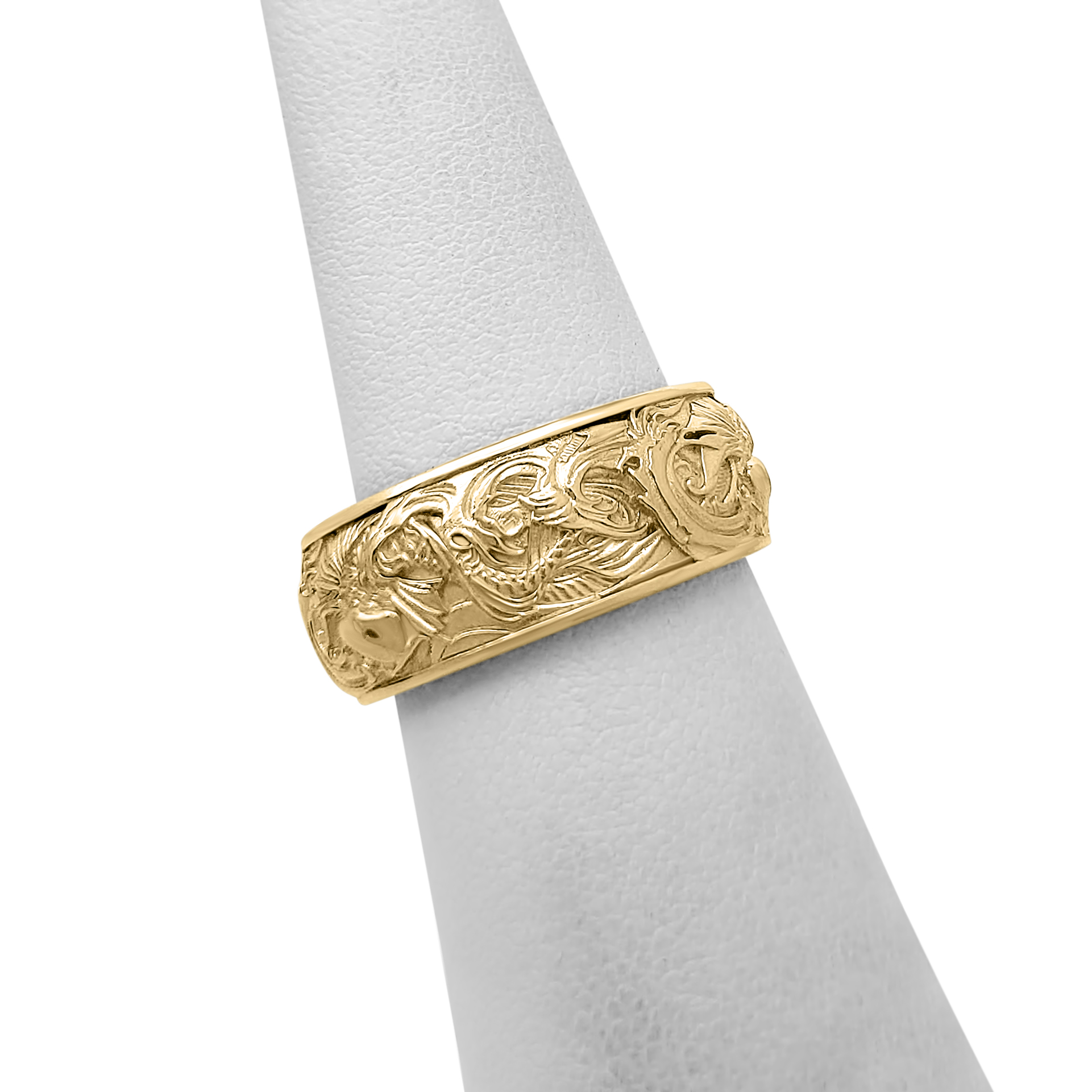 Solid 10K Yellow Gold Carp and Waves Ring 9mm Wide Band Koi Fish