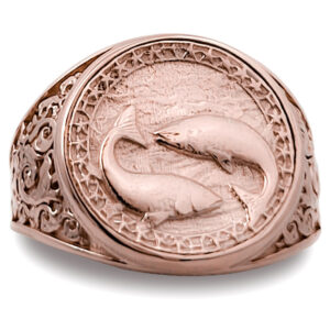Real 18K Rose Gold Pisces Ring, Zodiac Sign Mens Gold Coin Ring Astrology Jewelry