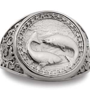 Real 14K White Gold Pisces Ring, Zodiac Sign Mens Gold Coin Ring Astrology Jewelry