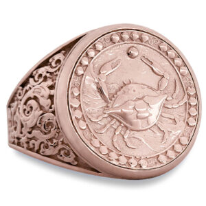 Real 10K Rose Gold Cancer Ring, Zodiac Sign Mens Gold Coin Ring Astrology Jewelry