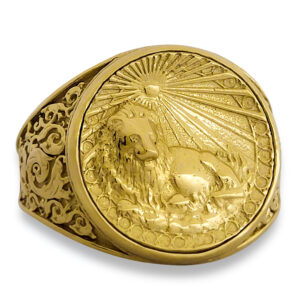 Real 18K Yellow Gold Leo Ring, Zodiac Sign Mens Gold Coin Ring Astrology Lion Jewelry