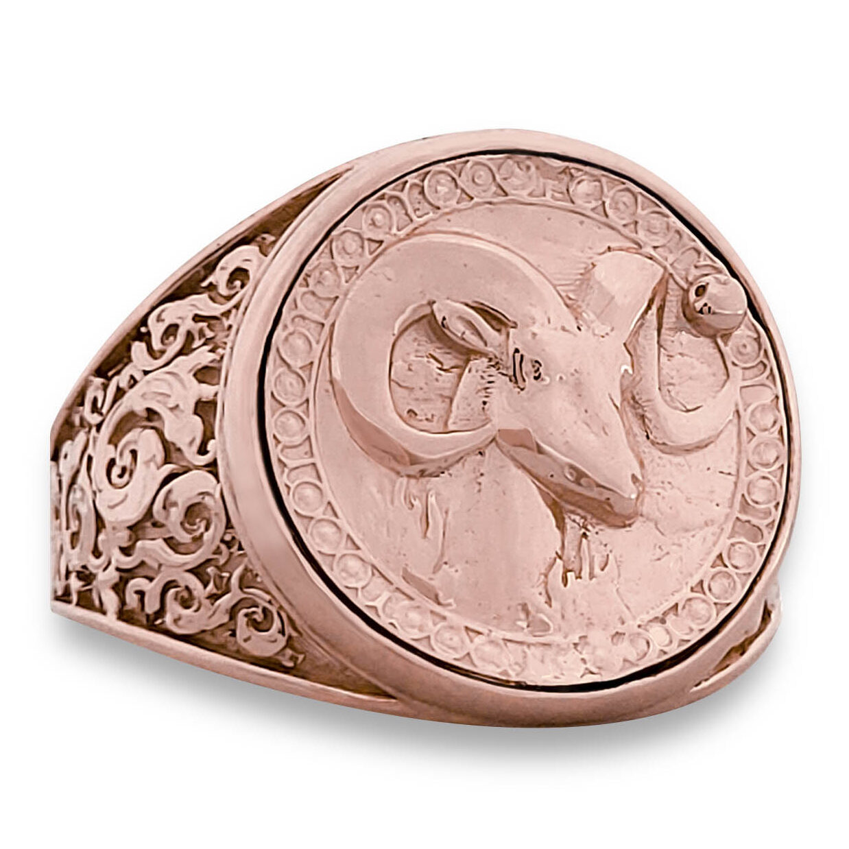 Real 18K Rose Gold Aries Ring, Zodiac Sign Mens Gold Coin Ring Astrology Jewelry