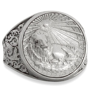 Real 14K White Gold Leo Ring, Zodiac Sign Mens Gold Coin Ring Astrology Lion Jewelry