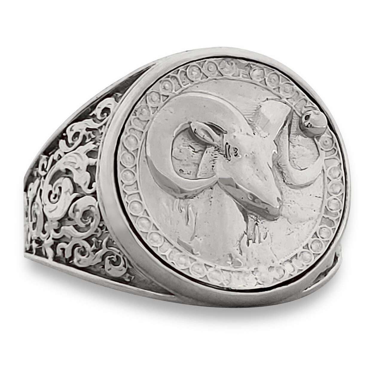 Real 18K White Gold Aries Ring, Zodiac Sign Mens Gold Coin Ring Astrology Jewelry