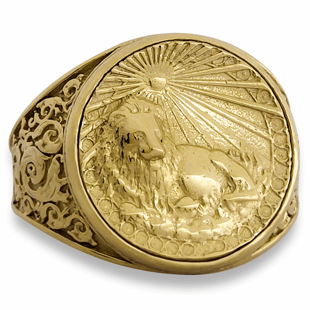 Real 10K Yellow Gold Leo Ring, Zodiac Sign Mens Gold Coin Ring