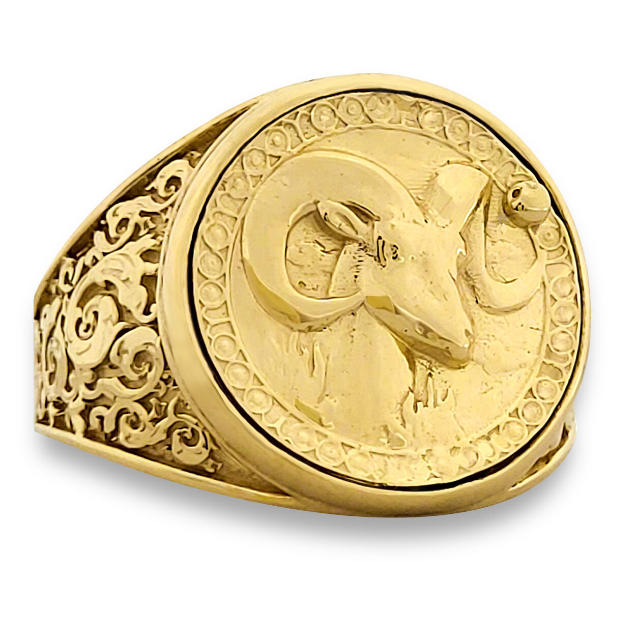 Real 10K Yellow Gold Aries Ring, Zodiac Sign Mens Gold Coin Ring Astrology Jewelry