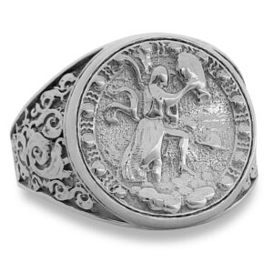 Real 14K White Gold Aquarius Ring, Zodiac Sign Mens Gold Coin Ring Astrology Jewelry