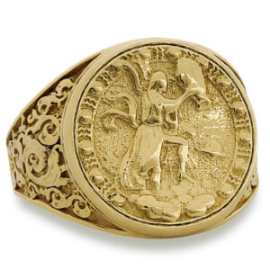 Real 10K Yellow Gold Aquarius Ring, Zodiac Sign Mens Gold Coin Ring Astrology Jewelry