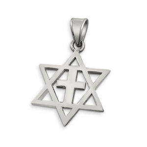 Solid 18K White Gold Messianic Star of David with Cross Pendant, 3 Sizes