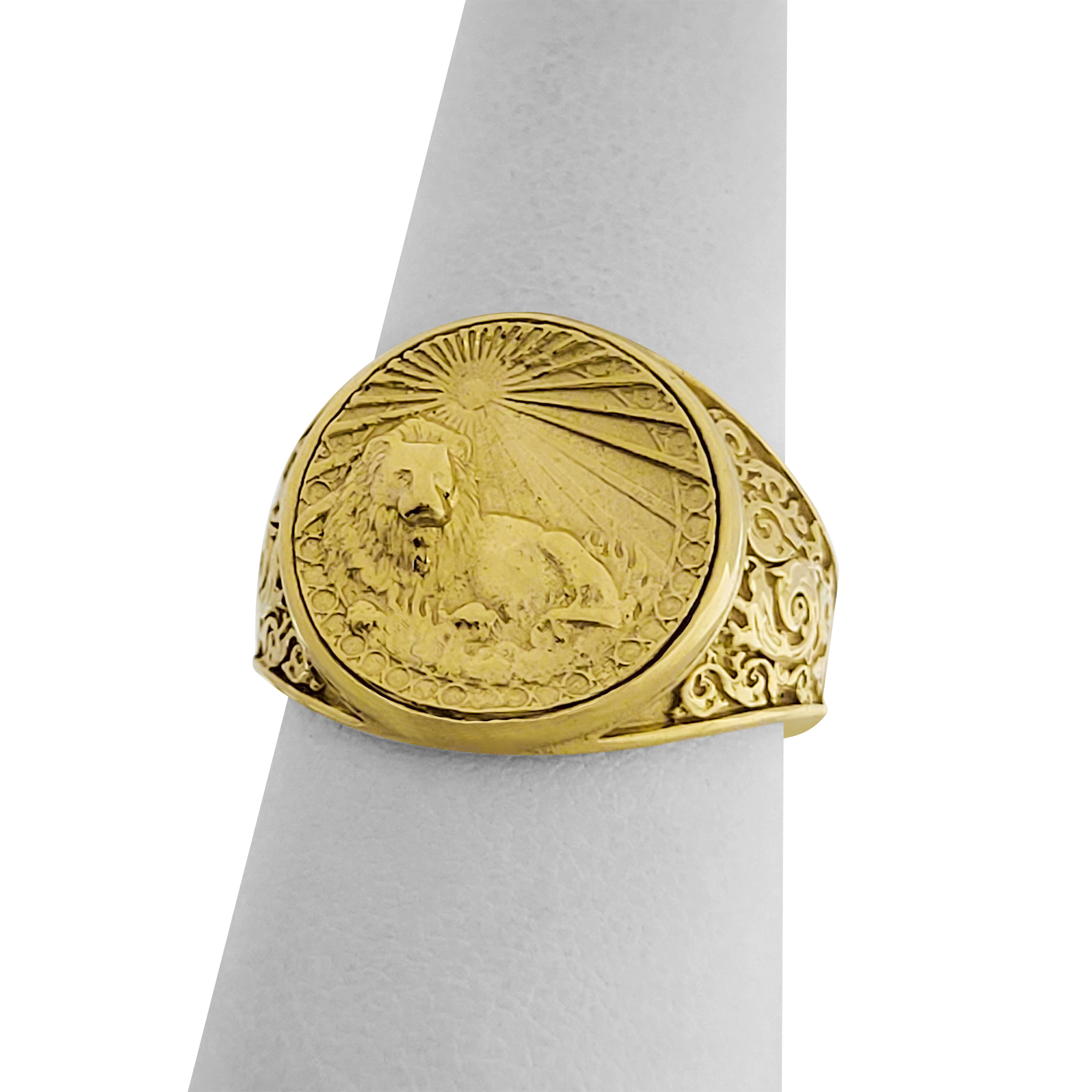 Real 18K Yellow Gold Leo Ring, Zodiac Sign Mens Gold Coin Ring