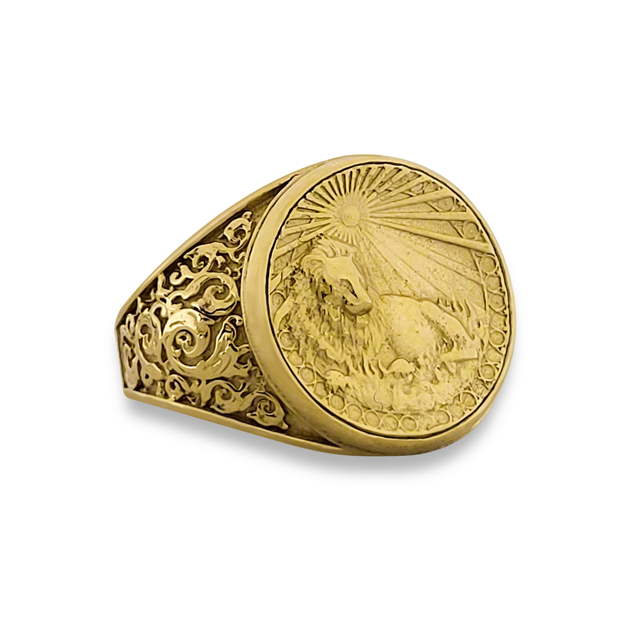 Real 18K Yellow Gold Leo Ring, Zodiac Sign Mens Gold Coin Ring