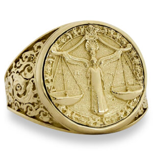 Real 18K Yellow Gold Libra Ring, Zodiac Sign Mens Gold Coin Ring Astrology Jewelry