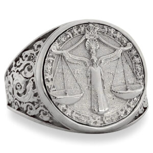 Real 14K White Gold Libra Ring, Zodiac Sign Mens Gold Coin Ring Astrology Jewelry